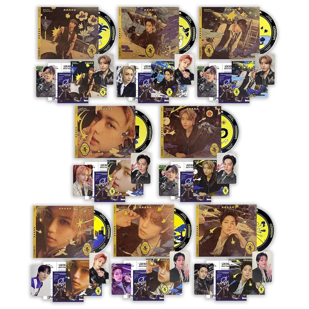 Collection of K-pop album covers and promotional materials on a white background