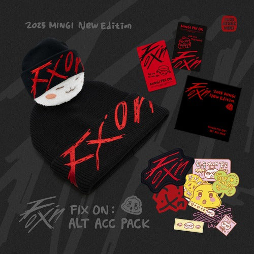 Black beanie with red text and multiple stickers on a dark background ateez tokkipop mingi birthday kit KQ shop fix on kpop