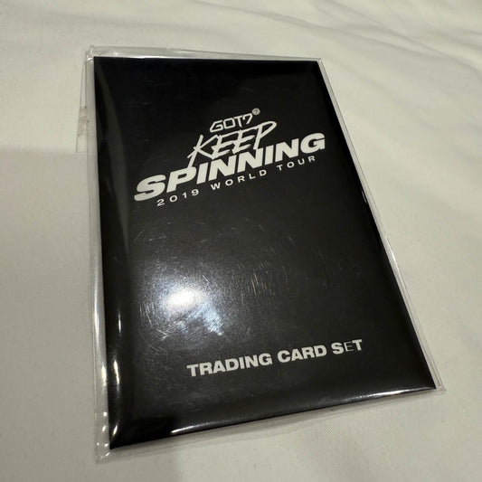 Trading card set packaging with 'GOT7 Keep Spinning 2019 World Tour' text on a white background