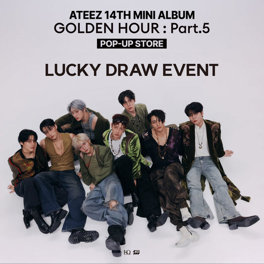 Promotional graphic for ATEEZ's 14th Mini Album 'Golden Hour : Part.5' featuring the group members posed on the floor against a light gray background, with text reading 'POP-UP STORE' and 'LUCKY DRAW EVENT'.