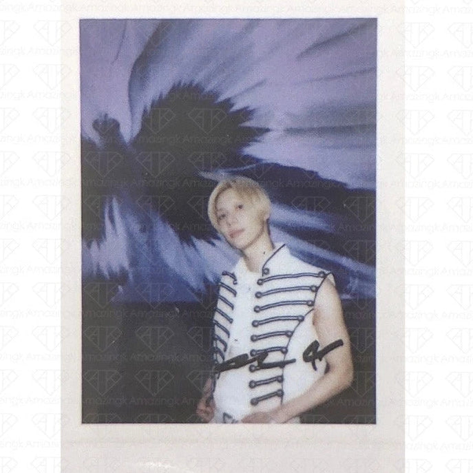 SHINee The 6th Mini Album 'Atmos' Applemusic POB Benefit Polaroid Photocard featuring Taemin. The product is a printed photocard with a white border, showing a portrait of Taemin in a white and black striped military-style jacket against a dark blue and purple background.